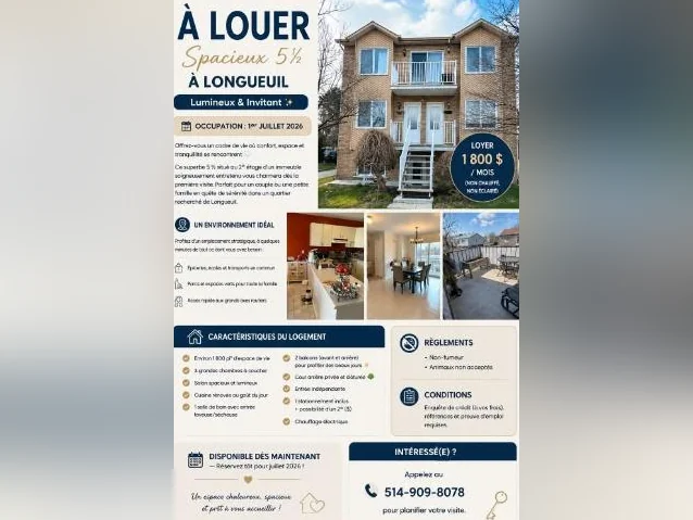 Grand 5 ½ à louer – Longueuil