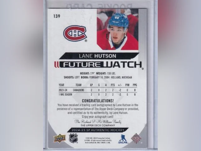 2024-25 UPPER DECK SP AUTHENTIC FUTURE WATCH AUTO # 139 LANE HUTSON CANADIENS 387/999 thumbnail 2