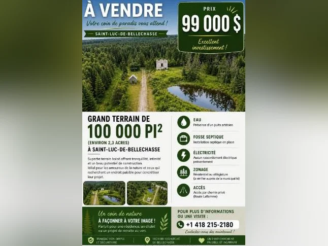 Grand terrain boisé de 100 000 pi² à vendre – Saint-Luc-de-Bellechasse – 99 000 $