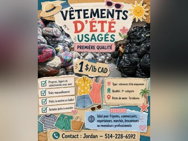 Liquidation fin de saison — vêtements été 1ère qualité 1$/lb