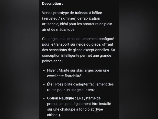 Paramoteur / Traîneau à hélice/ Aérosled / skimmer des neiges). Fabrication artisanale. thumbnail 5