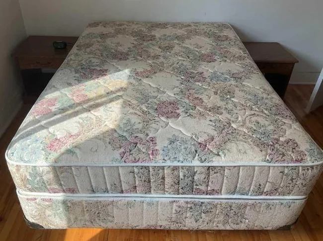 Mattress, boxspring and metal frame.