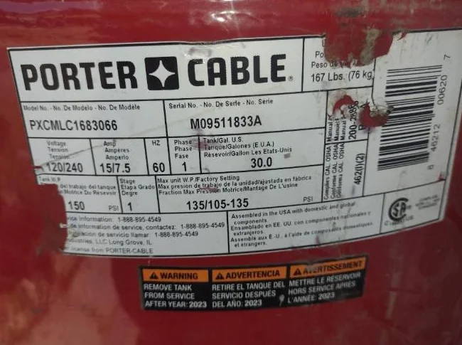 Compresseur PORTER CABLE 30 gallons en excellente condition thumbnail 3