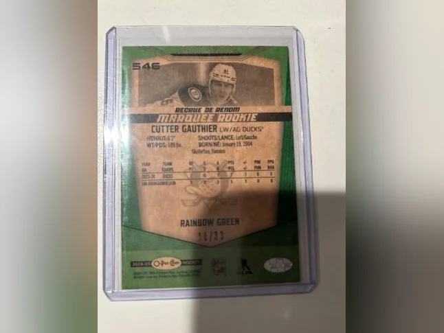 2024-25 OPC MARQUEE ROOKIE RAINBOW GREEN # 546 CUTTER GAUTHIER DUCKS 16/33 + BLANK BACK thumbnail 3