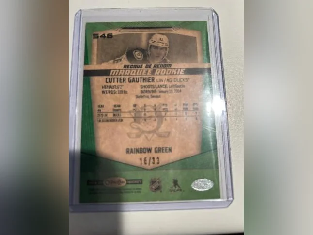 2024-25 OPC MARQUEE ROOKIE RAINBOW GREEN # 546 CUTTER GAUTHIER DUCKS 16/33 + BLANK BACK thumbnail 2