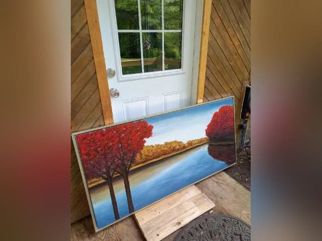 Grande peinture, arbres rouges et riviere. thumbnail 2