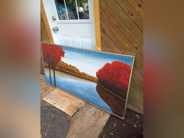 Grande peinture, arbres rouges et riviere. thumbnail 3