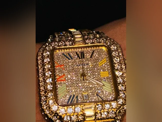 ICED OUT LUXURY WATCH CARTIER SANTOS XLBAGUETTE AND ROUND DIAMONDS