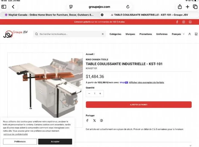 Table coulissante industrielle King.