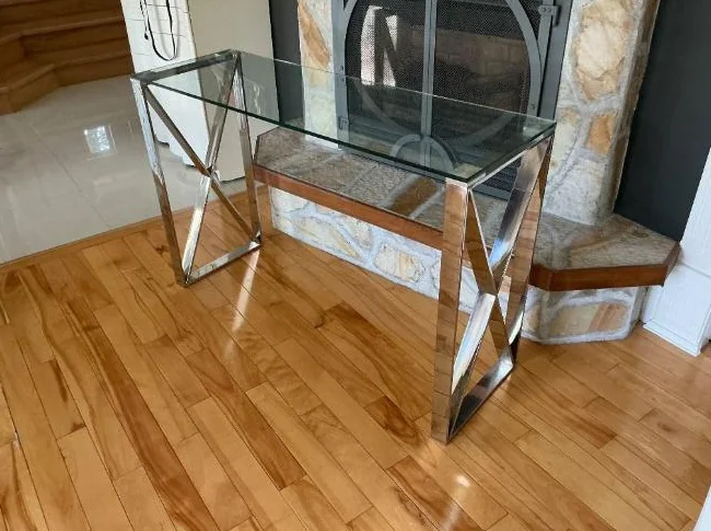 Console moderne en verre trempé et métal chromé