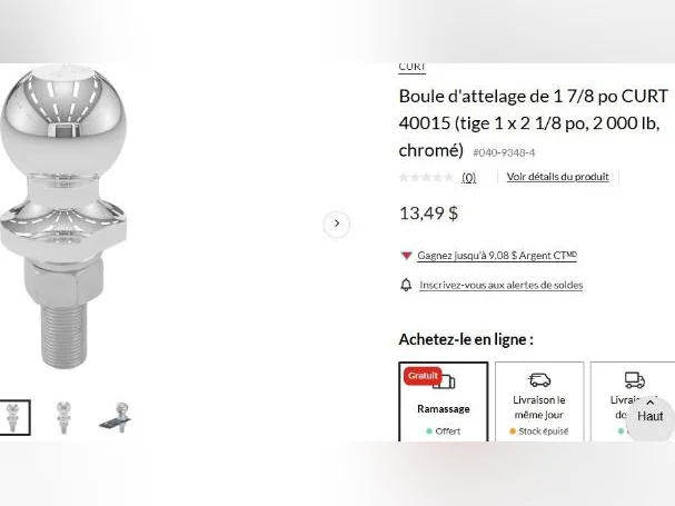Boule de remorquage 1 7/8" (diamètre) X 1" (diamètre tige). thumbnail 2