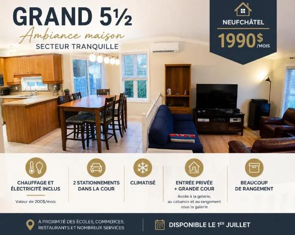 Grand 5 ½ lumineux dans une maison, sur deux étages – Cour, galerie et 2 stationnements, chauffé - éclairé – Neufchâtel