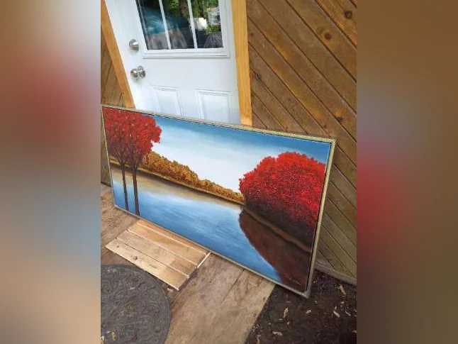 Grande peinture, arbres rouges et riviere. thumbnail 3