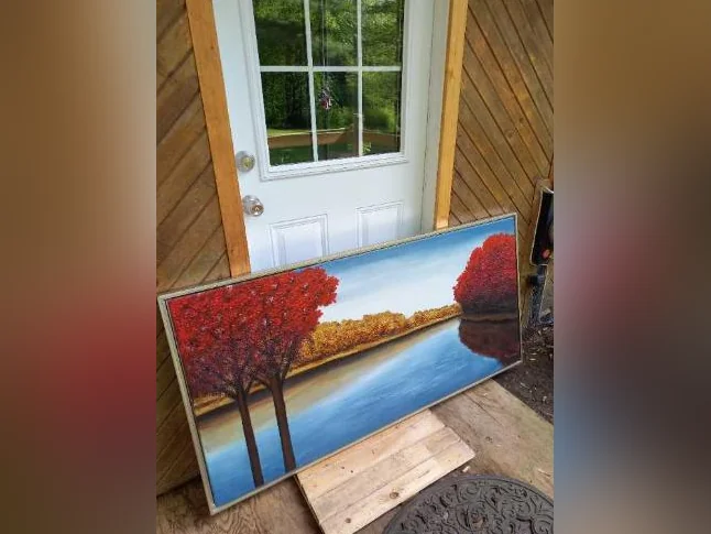 Grande peinture, arbres rouges et riviere. thumbnail 2