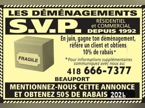 (1 place dispo 1 juillet)DÉMÉNAGEMENT S.V.P. (418)666-7377