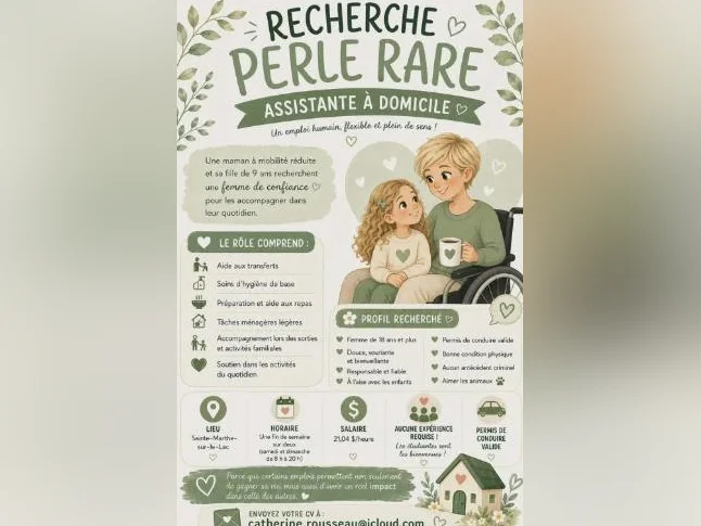 Cherche perle rare pour assistante à domicile, info dans la photo, envoyer c.v par courriel qui est indiquée dans la photo
