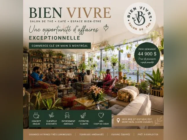 À VENDRE | Café • Salon de thé • Bar à jus • Boutique bien-être | Commerce clé en main à Montréal