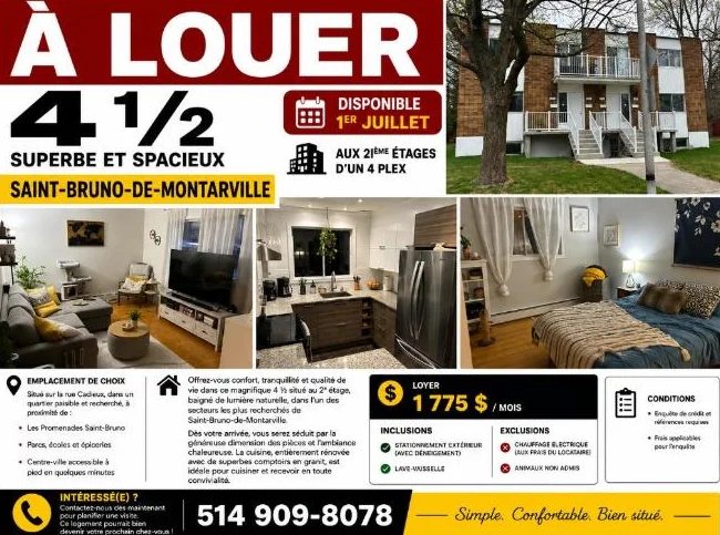 Superbe 4 ½ à louer – Saint-Bruno de montarville à louer