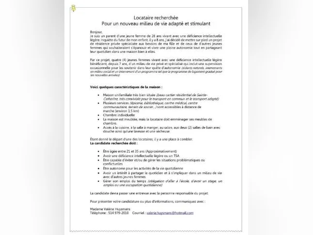 Chambre disponible – Résidence pour femmes vivant avec une légère déficience intellectuelle