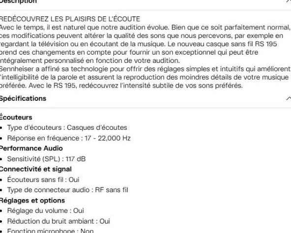 Casque écoute s-fil pour malentendant Seinheiser RS195 thumbnail 5