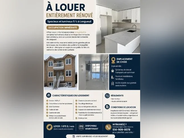 Grand 5 ½ entièrement rénové à Longueuil – Disponible maintenant!